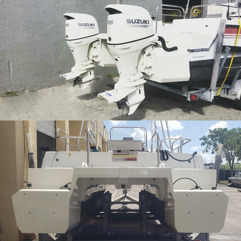 A boat with a custom twin engine bracket with an enclosed platform to prevent water from coming into the transom.